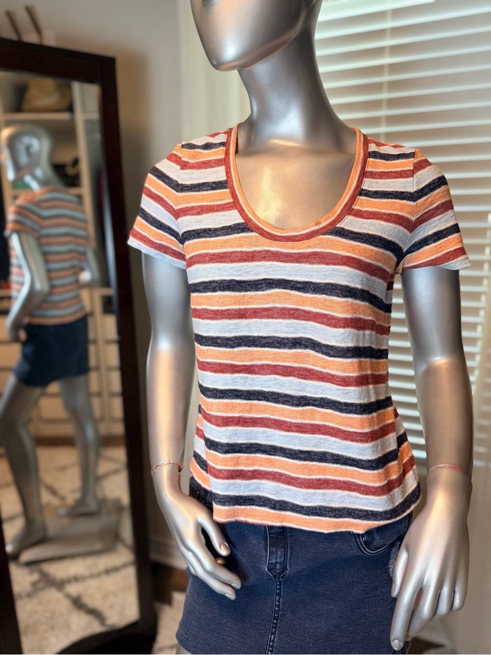 Madewell Alto Colborne Striped Scoop Neck Blue Orange Tee Shirt Small Cotton Top